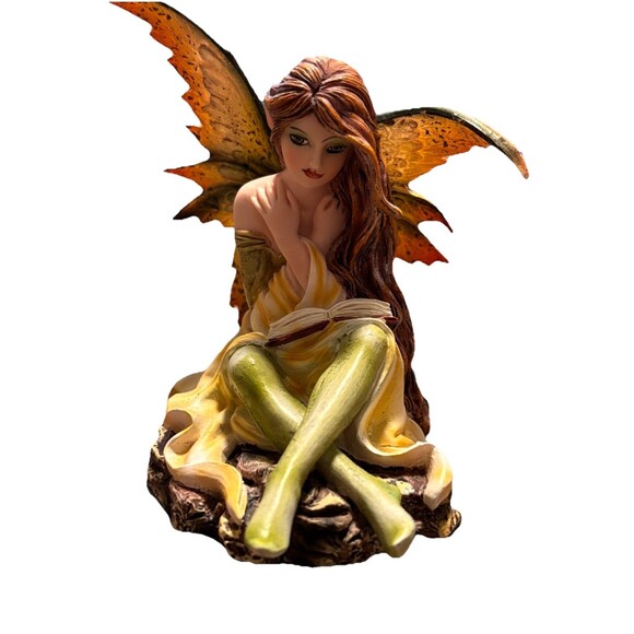 Fantasy Bookworm Fairy Yellow and Green Winged Figurine - Picture 7 of 16